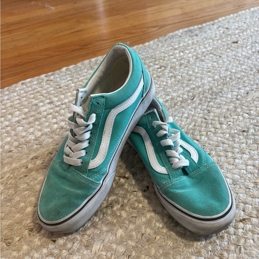 Teal and White Vans - size 7.5